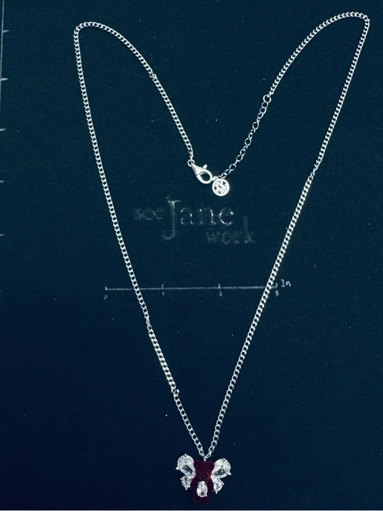 Women's Silver Chain Necklace with Burgundy Velvet Teddy and Crystal Wings - Picture 7 of 8